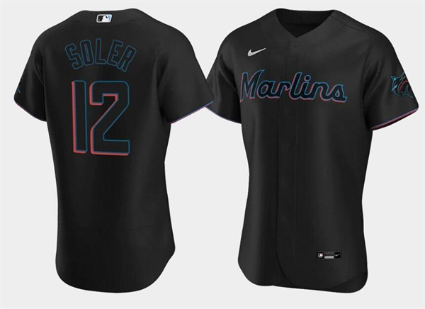 Men's Black Miami Marlins #12 Jorge Soler Flex Base Stitched Jersey